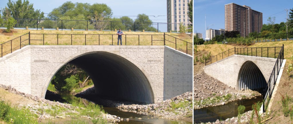 Buried steel bridge stream crossing in urban Toronto