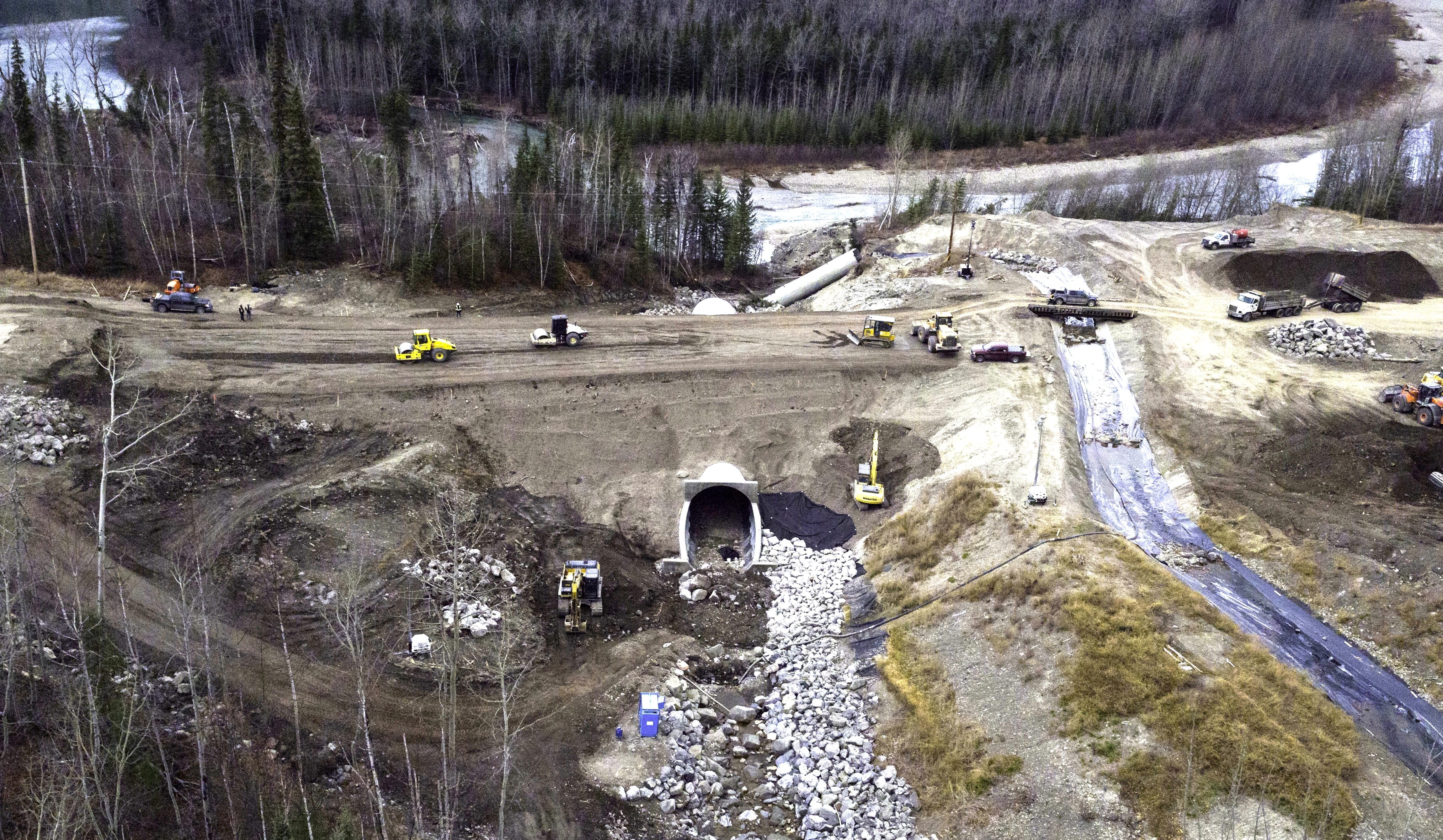 Wide aerial view of Bolt-A-Plate culvert replacement in Northern BC