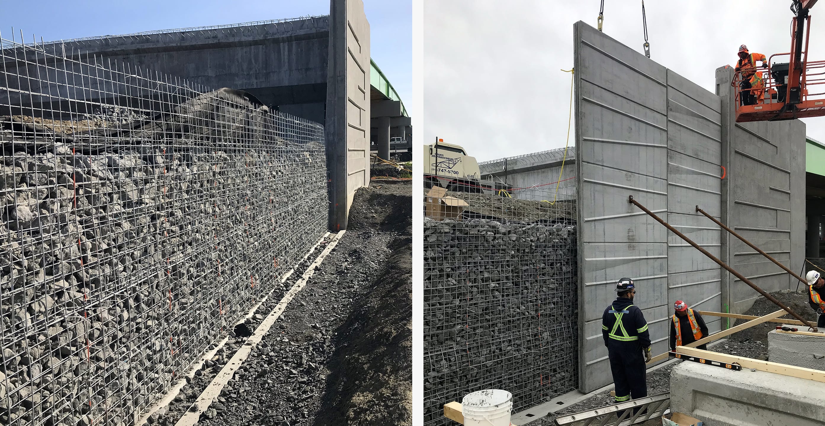 Construction views of overpass ramp with full height AIL Precast Panels Walls