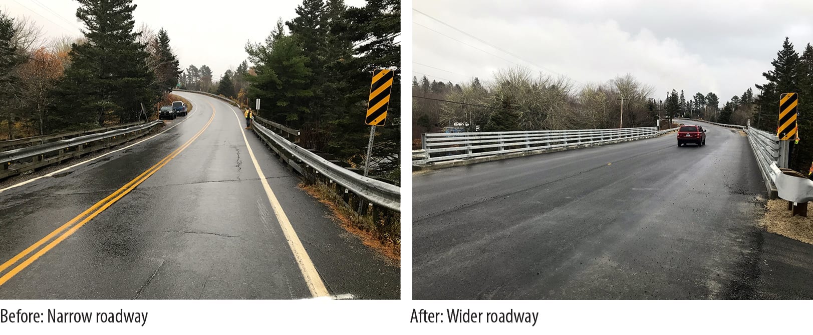 Before and after views of stream crossing road alignments