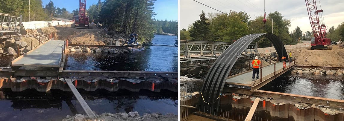 Views of Super•Cor Arch under construction next to detour bridge