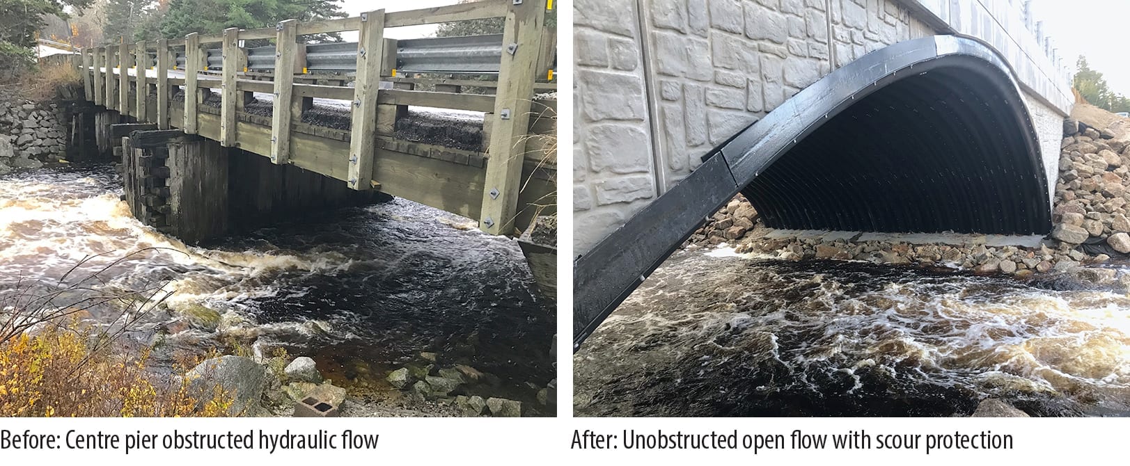 Before and after views of stream crossing hydraulic flows