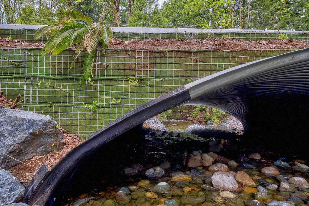 Finished buried bridge with saplings inserted into headwall