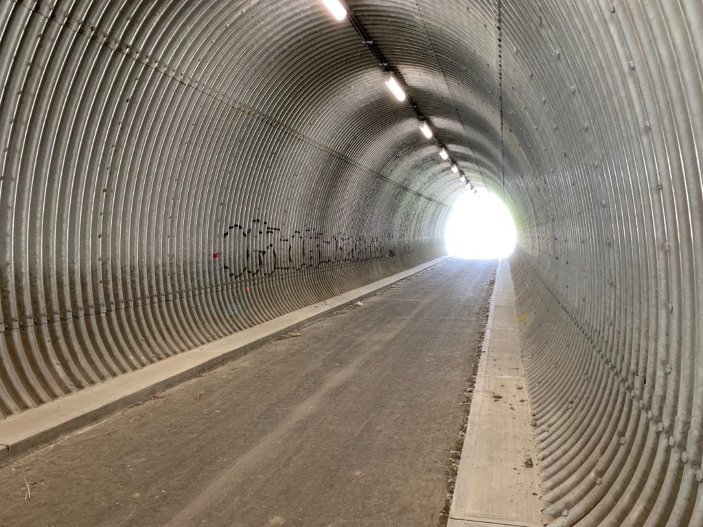 Interior view of buried metal pedestrian tunnel