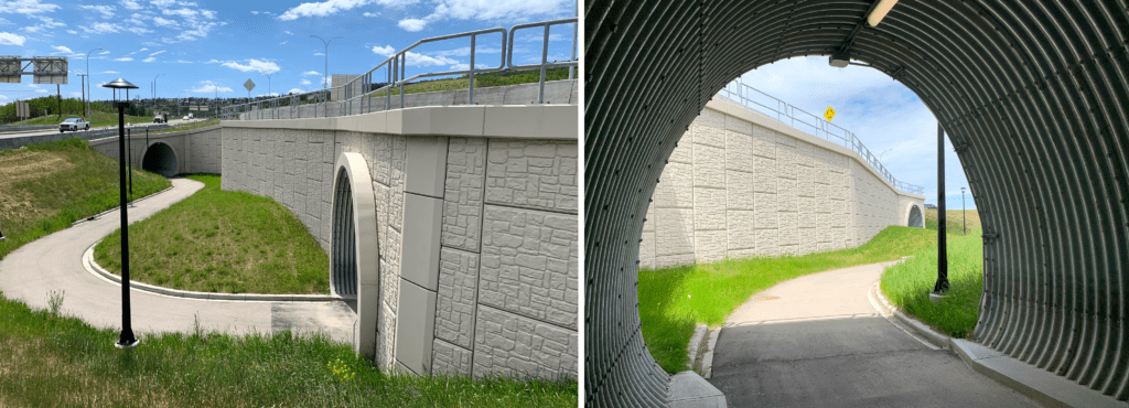 Exterior and interior views of Bolt-A-Plate active transportation network tunnel