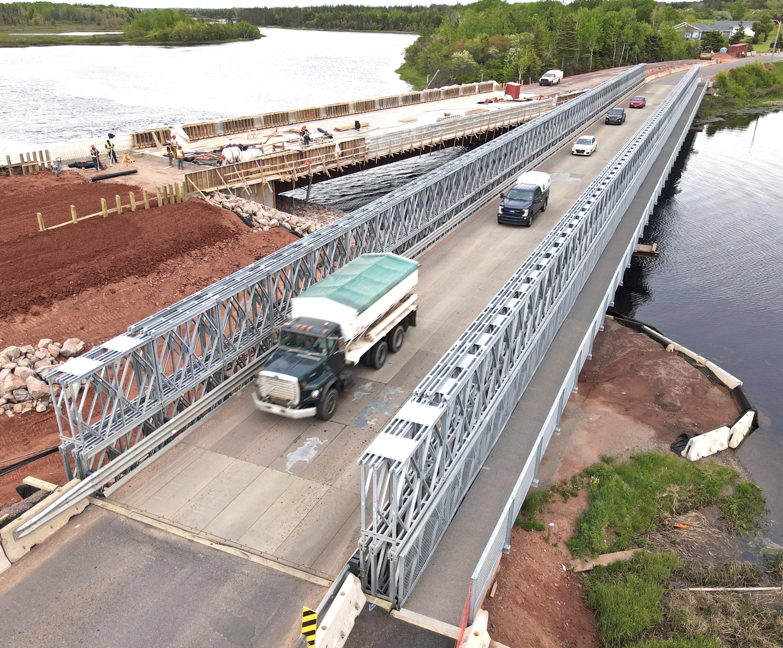 Angled view of temporary detour bridge at Morell River