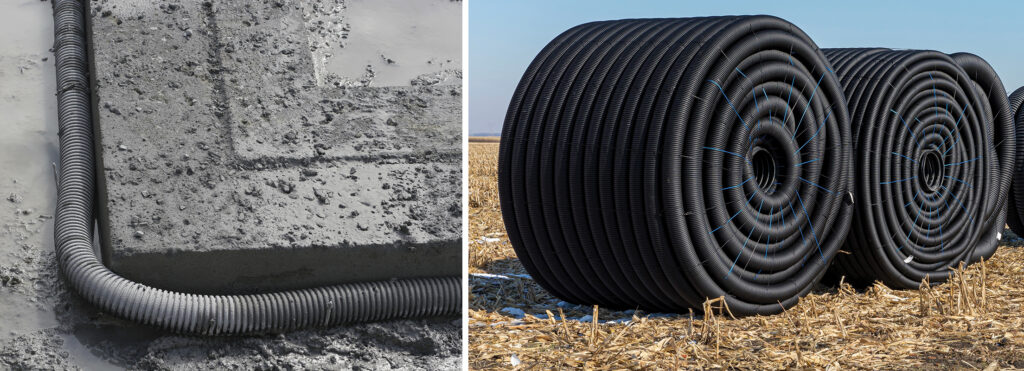 Views of HDPE drainage pipe in construction and agricultural applications