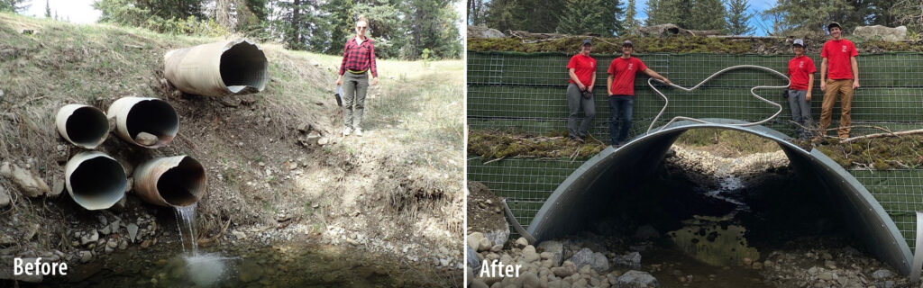 Before and after views of AIL Geotextile Reinforced Soil (GRS) Bridge