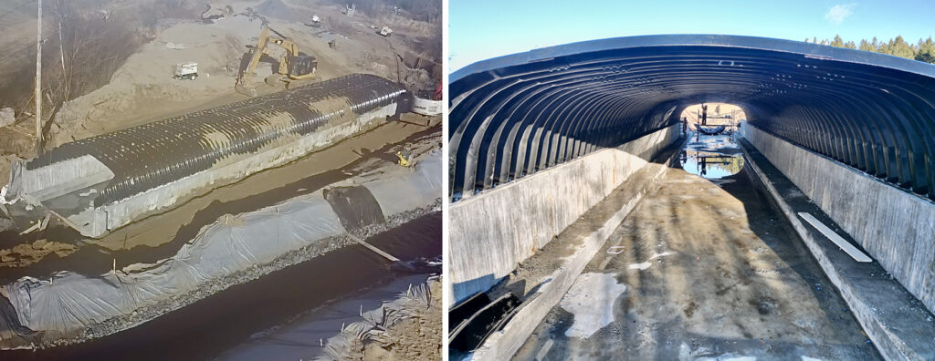 Aerial and end views of Super-Cor Box Culvert stream crossing