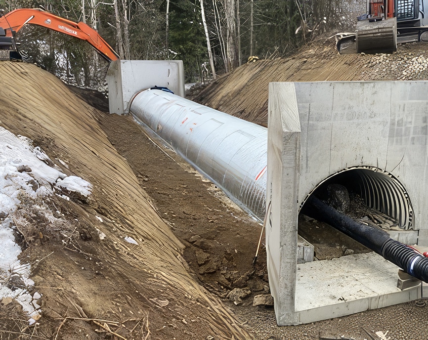 Wide view of Bolt-A-Plate culvert with precast concrete headwalls