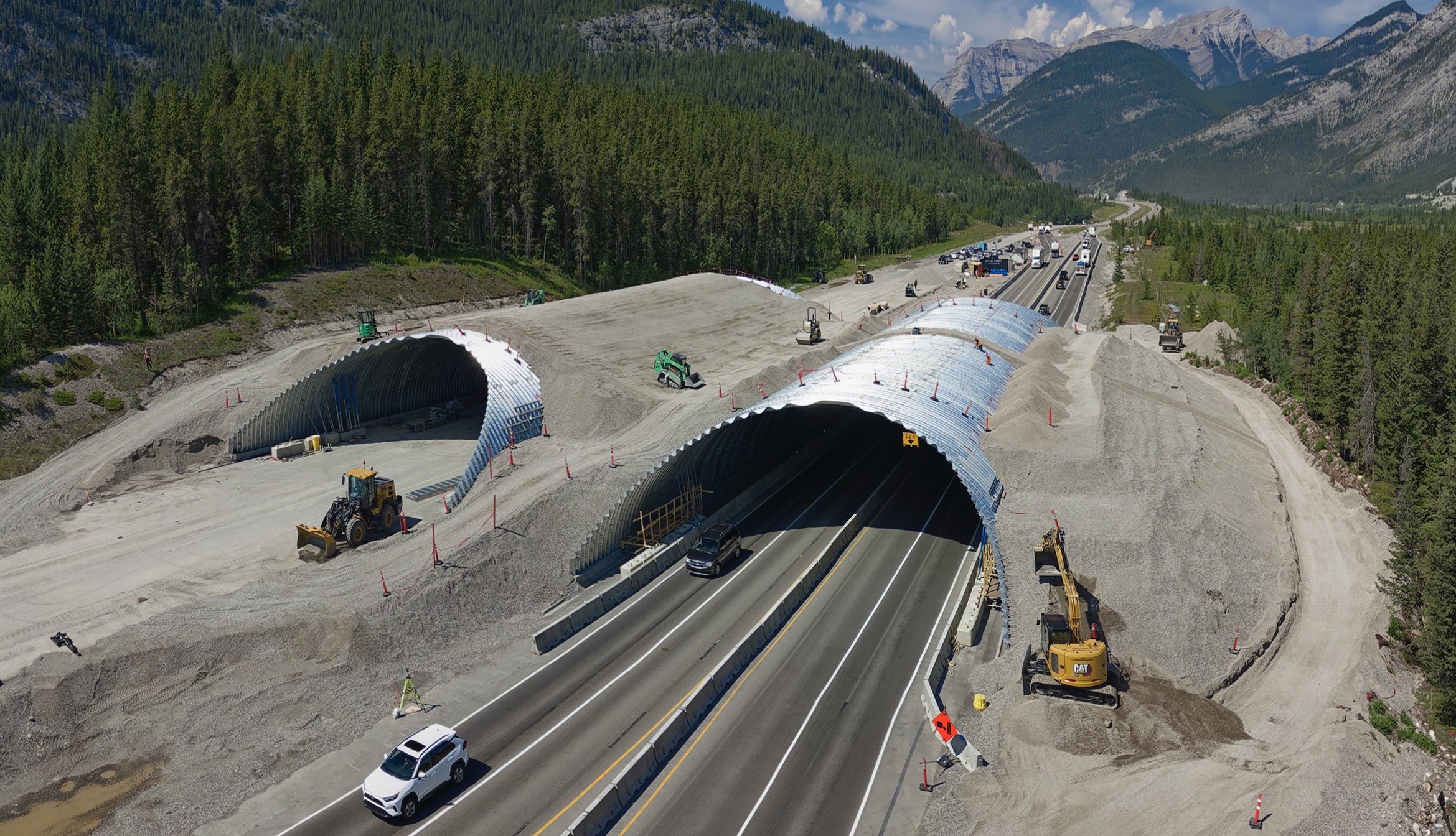 Aerial view of Ultra-Cor structural steel plate wildlife overpass construction