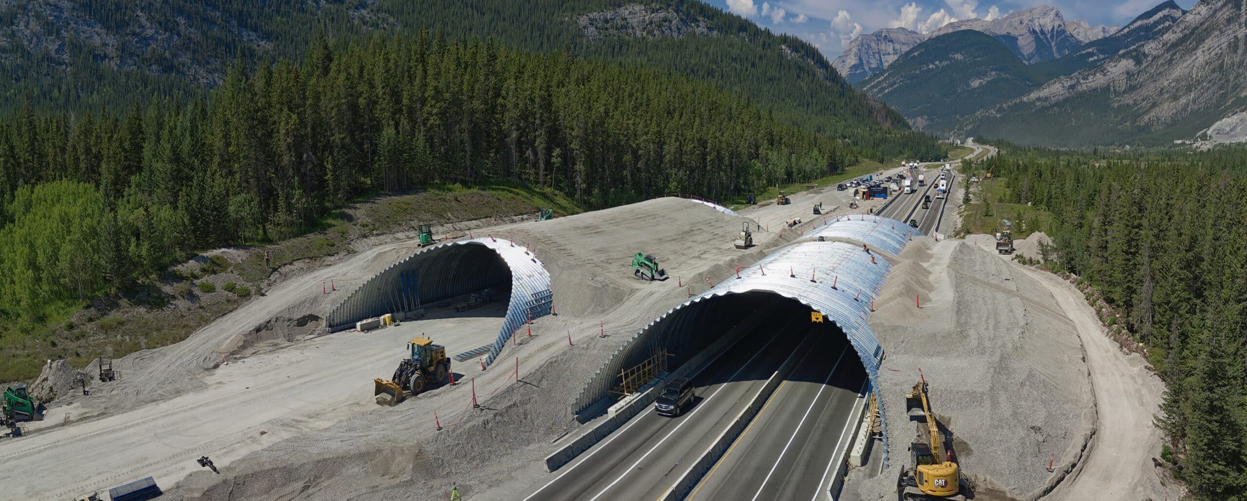 Aerial view of Ultra-Cor structural steel plate wildlife overpass construction