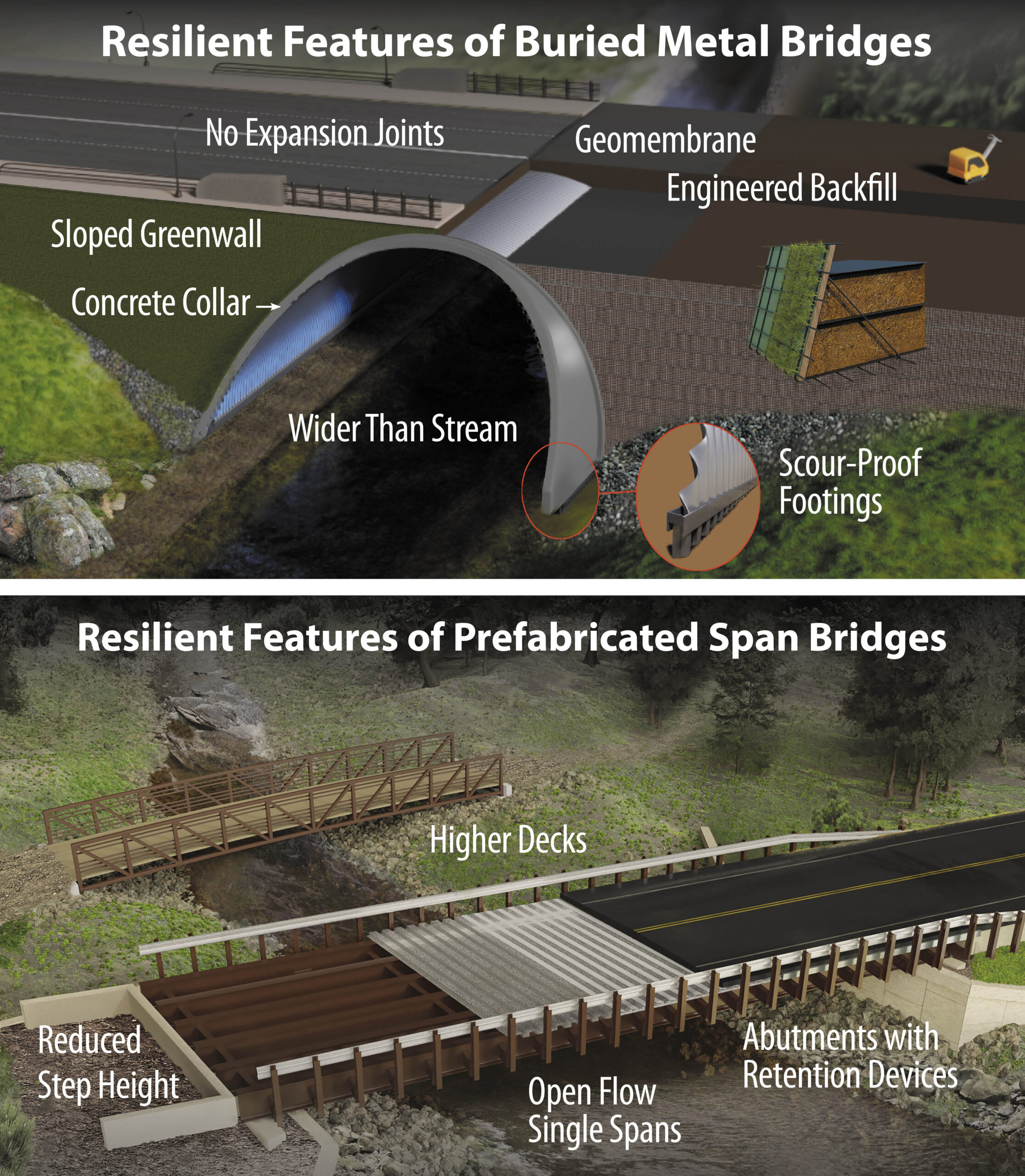 Artist rendering of Climate change resilience of Buried Metal Bridges and Prefabricated Bridges