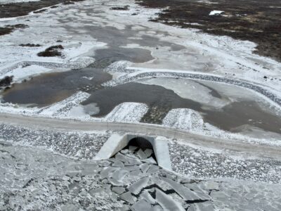 High aerial view of Super-Cor stream crossing