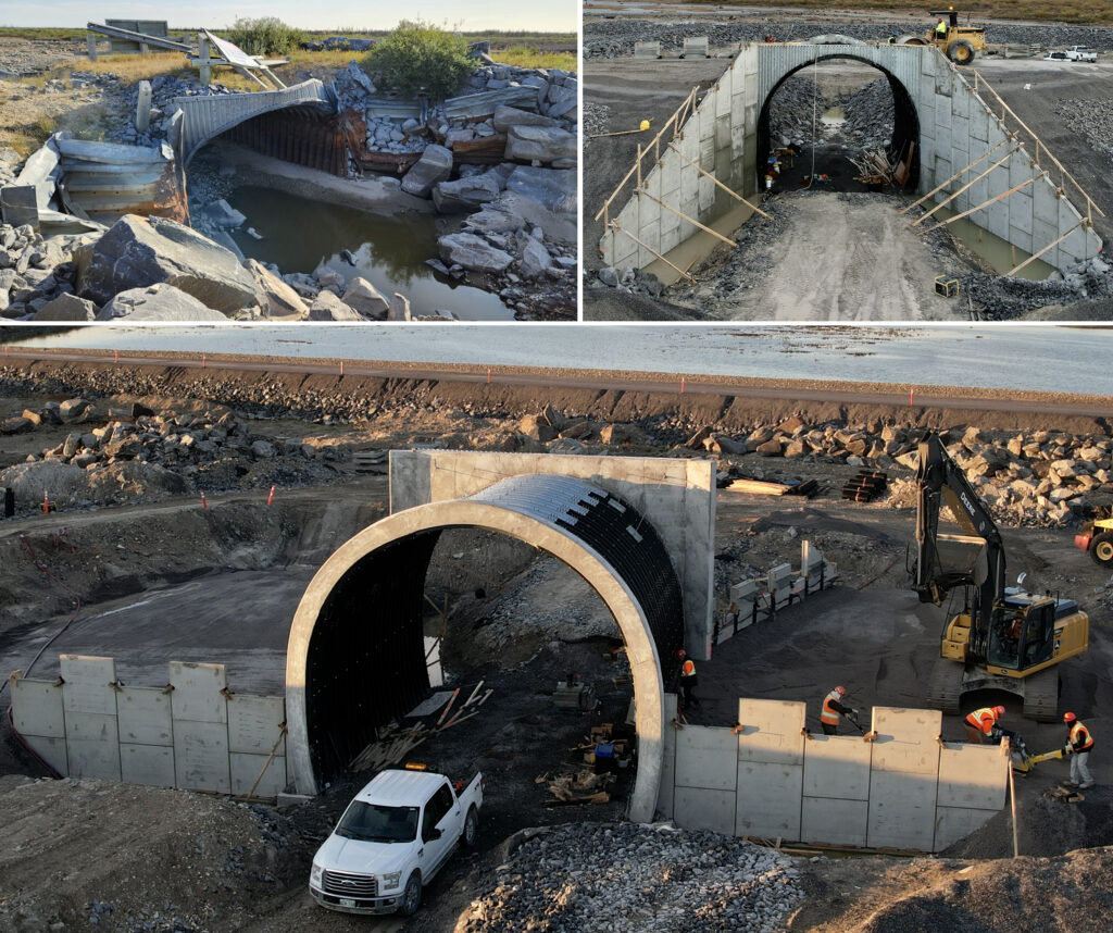 Demolition and construction views of Super-Cor stream crossing