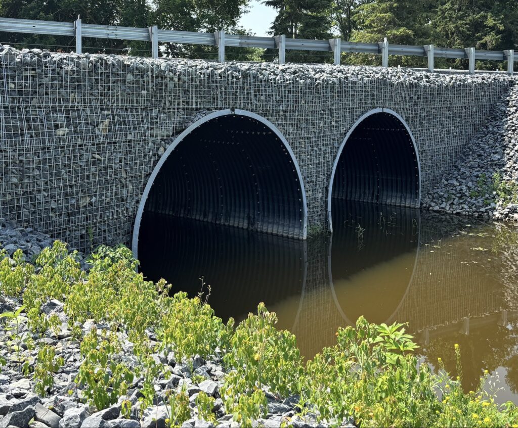 Buried metal bridge with wire headwalls