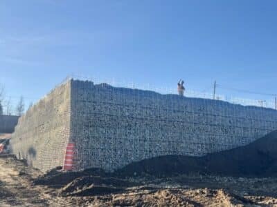 Wide view of MSE retaining wall installation