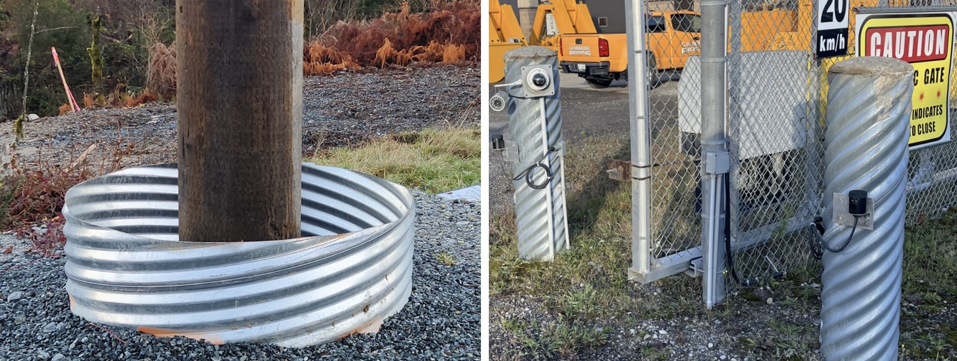 Close-ups of a CSP utility pole caisson and bollards
